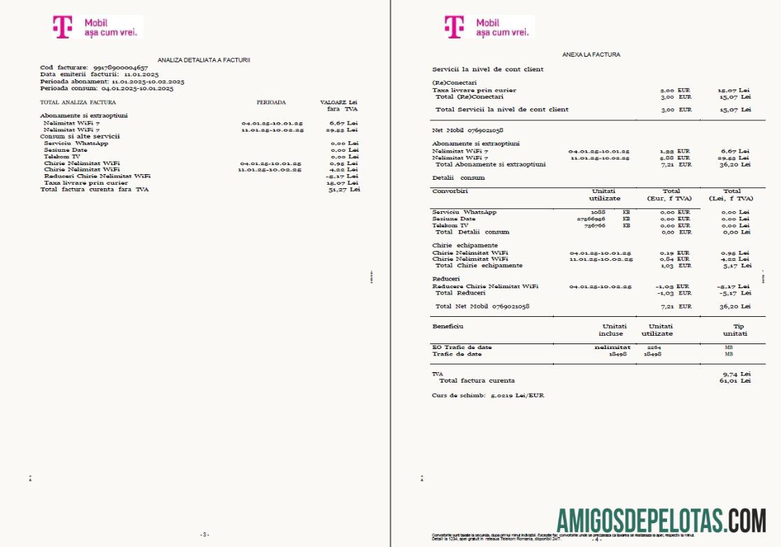 em branco Modelo de conta de serviços públicos móveis da Romênia T em formatos Word e PDF, 4 páginas, 3 4 páginas